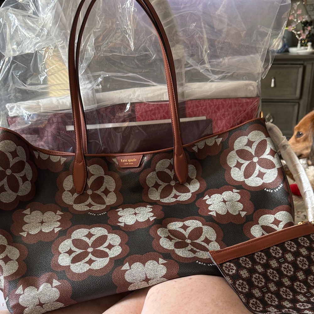 Kate Spade Brown and White Floral Tote with pouch
